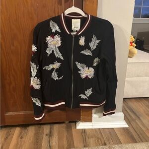 Anthropology Floral Embroidered Black Bomber Jacket